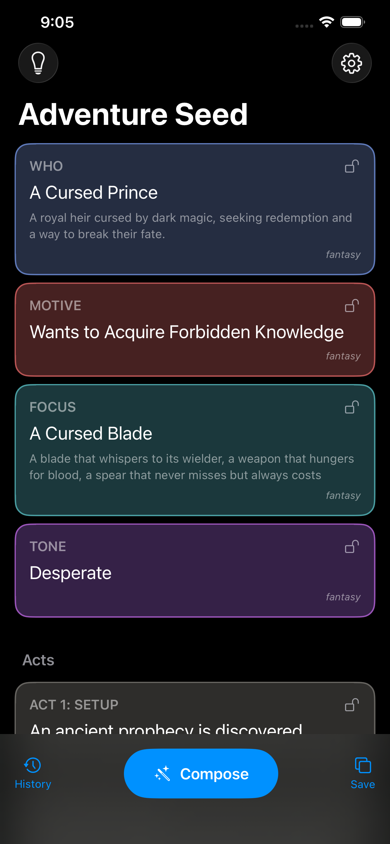 QuestDeck adventure seed screen showing a generated hand of story cards: a cursed prince antagonist, a motive, a focus and a tone
