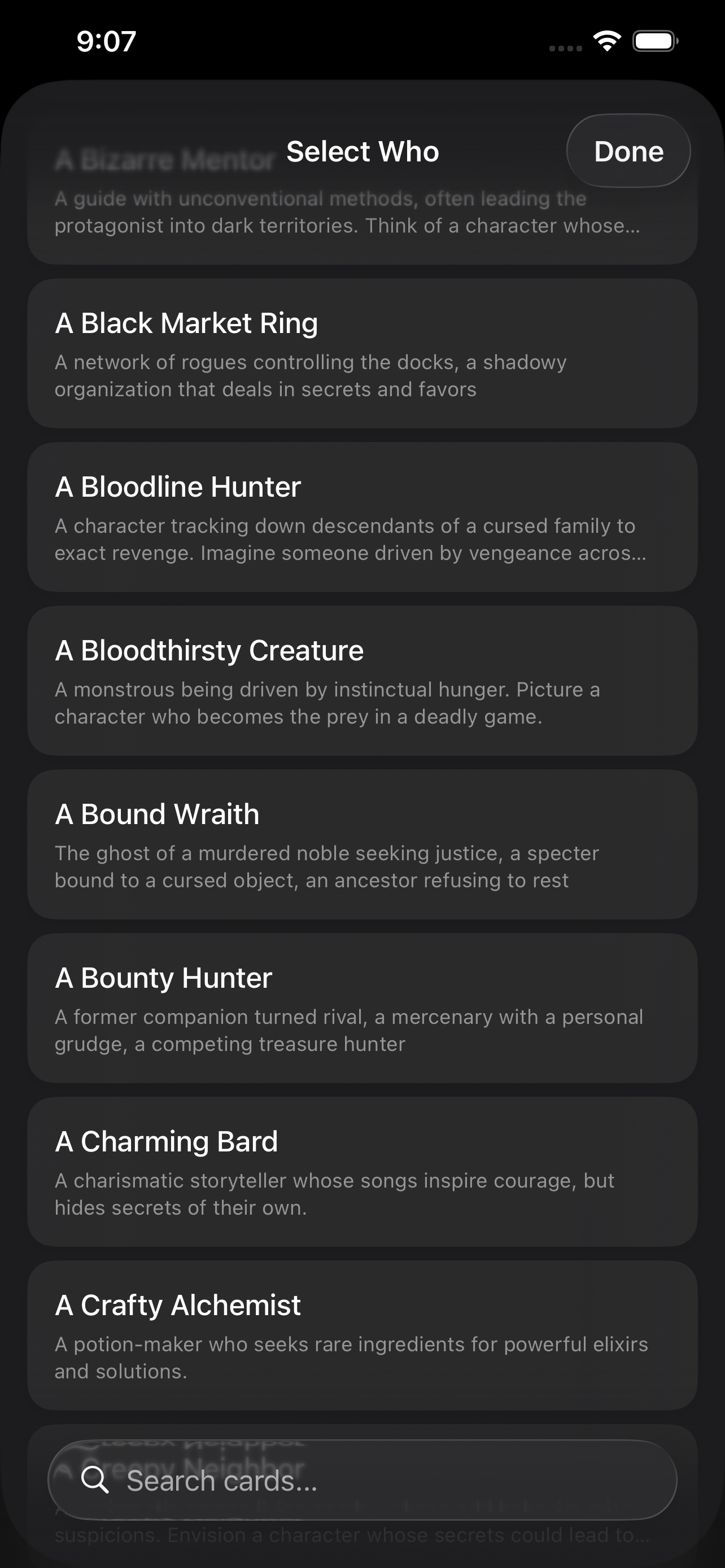 Browsing and searching the full antagonist card list in QuestDeck to hand-pick a villain