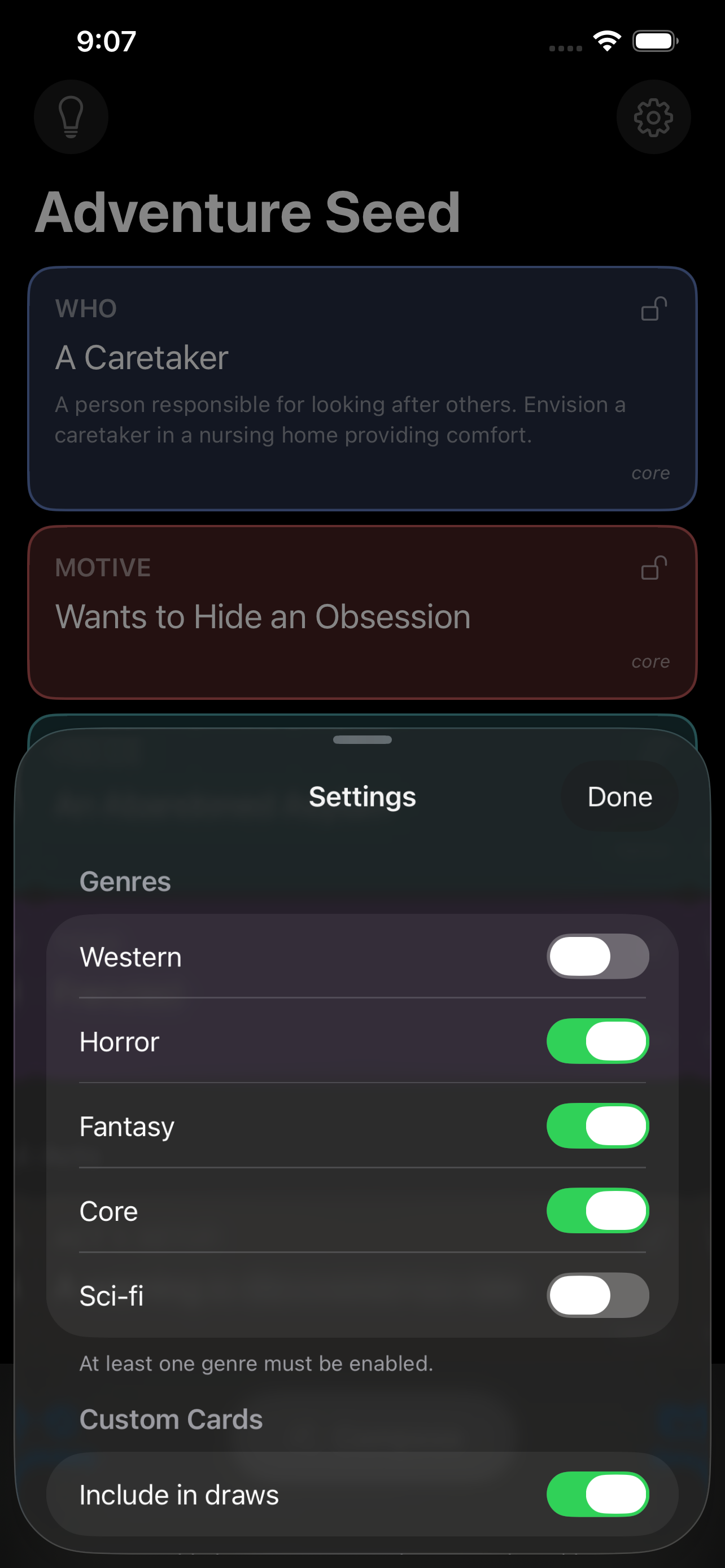 QuestDeck settings showing genre deck toggles for Core, Fantasy, Horror, Sci-Fi and Western